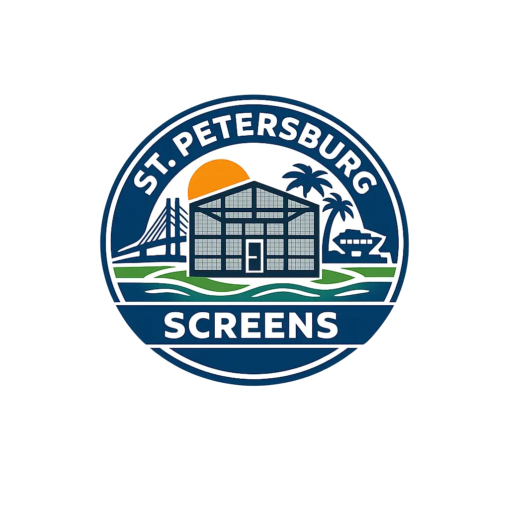 St. Petersburg Screens logo with screen enclosure, bridge, palm trees, and sun